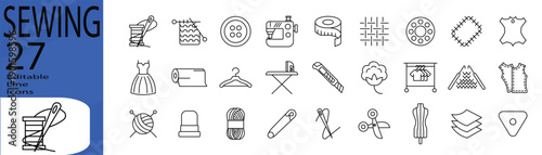 Sewing line editable icon set. Editable stroke. Vector illustration.