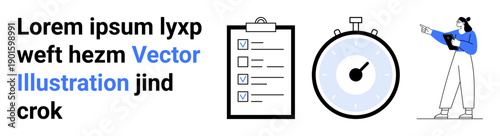 Stopwatch, checklist with ticked tasks, and a person pointing. Ideal for productivity, planning, time management, checklist creation, task tracking, workflow optimization simple landing page