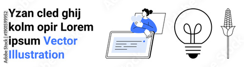 Education, digital innovation, agritech, online communication, sustainability, creativity. Person holding a tablet, a light bulb and a corn symbol featured. Education and digital innovation