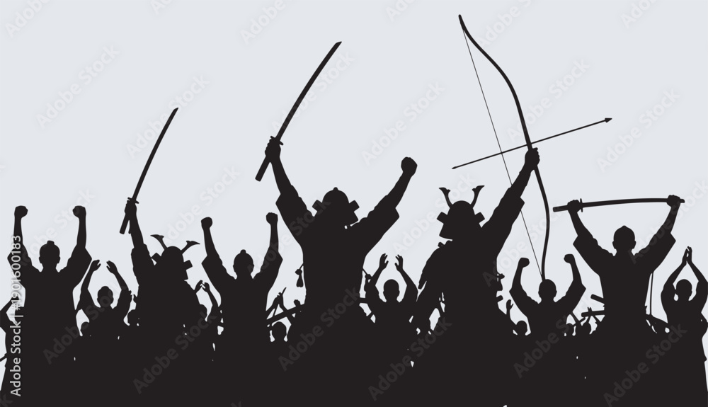 Αυτοκόλλητο Silhouette of a victorious samurai army celebrating with raised swords and bows against a light background