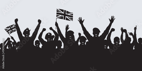 Silhouette of a cheering crowd holding Union Jack flags in celebration and support.