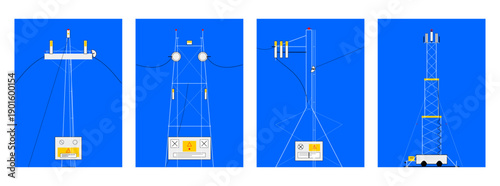 “Cell Phone Tower Vector Set - Telecommunication 5G Network Infrastructure, Radio Mast and Antenna Illustrations for Mobile Communication, Wireless Connectivity, and Industrial Engineering Design.