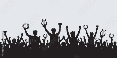 Silhouette of a cheering crowd holding up laurel wreaths and lyres, celebrating victory and achievement.