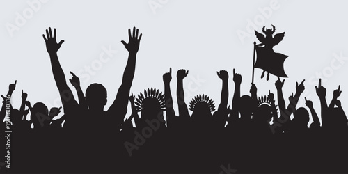 Silhouette of a cheering crowd with raised hands and a flag with a devil figure at a concert or festival event.