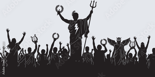 Silhouette of a crowd cheering and celebrating a triumphant figure holding a trident and a laurel wreath, symbolizing victory and achievement.