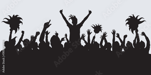 Silhouette of a cheering crowd with hands raised in excitement and pom-poms held aloft, celebrating an event.