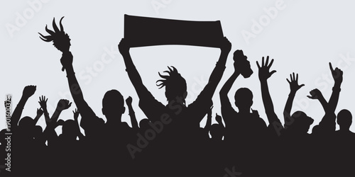Silhouette of a crowd of people protesting with signs and raised fists against a light background.