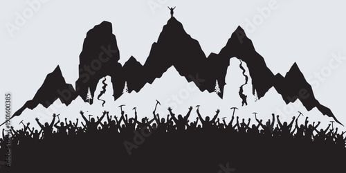 Silhouette of a triumphant crowd celebrating on a mountain peak against a backdrop of jagged peaks.