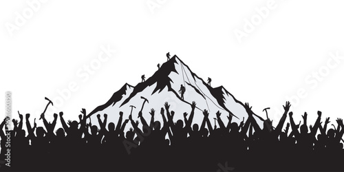 A crowd of people cheering at the base of a mountain as climbers reach the summit, symbolizing achievement and success.