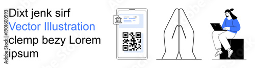 Technology, remote work, security systems, QR code scanning, mobile data, digital interactions. QR code on a phone, hands clasped person using a laptop. Technology and remote work concept