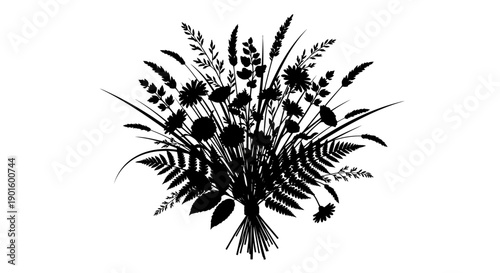 Black Silhouette of Wildflowers and Grasses.