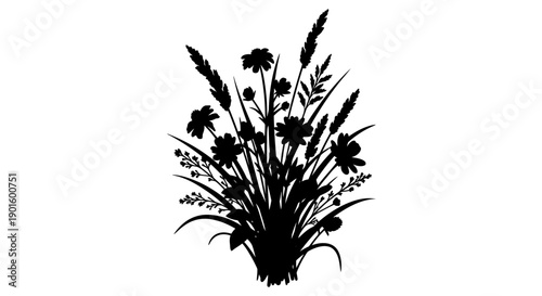 Black Silhouette of Wildflowers in Vase.