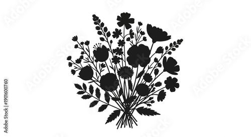 Black Silhouette of Wildflowers Bouquet.