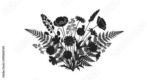 Black and White Illustration of Wildflowers.