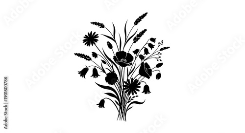 Black Silhouette of Wildflowers and Foliage.