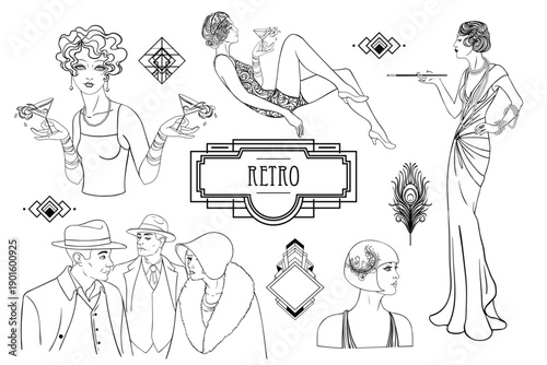 Black and white Art Deco vector set inspired by the Great Gatsby era. Decorative geometric frames and elements featuring men, women, fashion, cocktails, and vintage cars in elegant 1920s style.