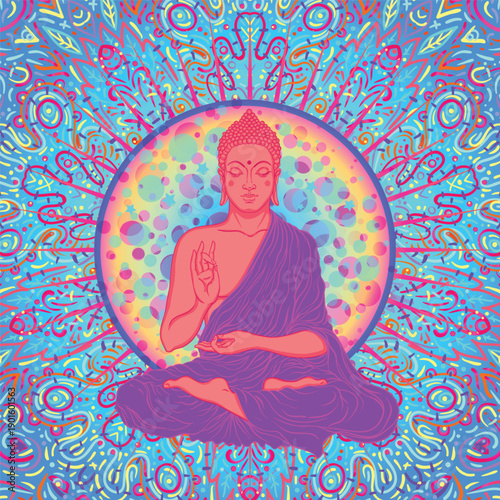 Acid Lord Buddha, ornate mandala round pattern mushroom illustration. Esoteric vintage vector illustration. Indian, Buddhism, spiritual art. Hippie tattoo, spirituality, rave party poster.