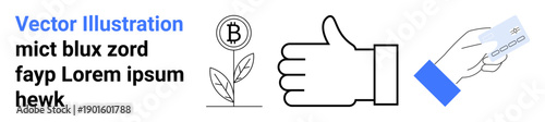Cryptocurrency, financial growth, digital payment, blockchain, e-commerce, cashless transactions. Bitcoin plant, thumbs-up icon and hand with credit card. Cryptocurrency and financial growth concept