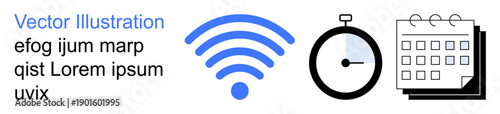Communication, time tracking, productivity, scheduling, wireless technology, network connectivity. Blue wireless symbol, stopwatch calendar. Communication and time tracking concepts