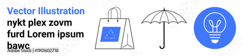 Retail, shopping trends, innovation, protection, product branding, minimal design. Set of shopping bag, umbrella light bulb graphics. Retail and innovation concept sleek icons