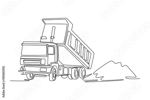 Single one line drawing industrial tipper dump truck unloading sand at a construction site. Heavy machinery work and civil engineering projects. Continuous line draw design graphic vector illustration