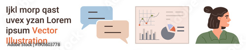 Teamwork, data visualization, communication, analytics, professional discussion, report. Speech bubbles, charts and a woman in profile. Teamwork and data visualization concepts