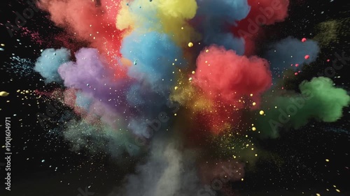 Colorful powder explosion with red, blue, yellow, green, and purple pigments bursts dynamically on black background. Concept for celebration, creativity, and abstract art expression.