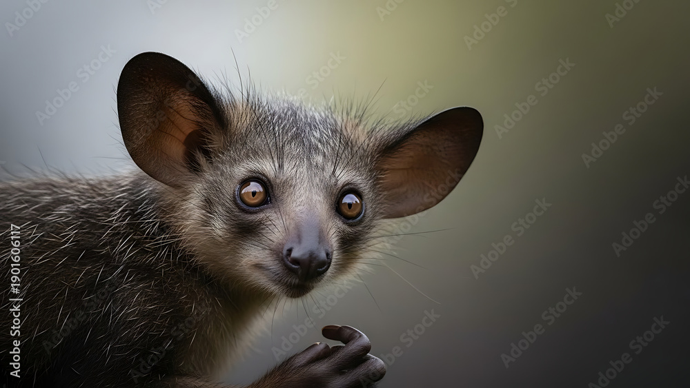 Fototapeta premium Close-up Portrait of a Cute and Curious Aye-aye Primate with Large Ears