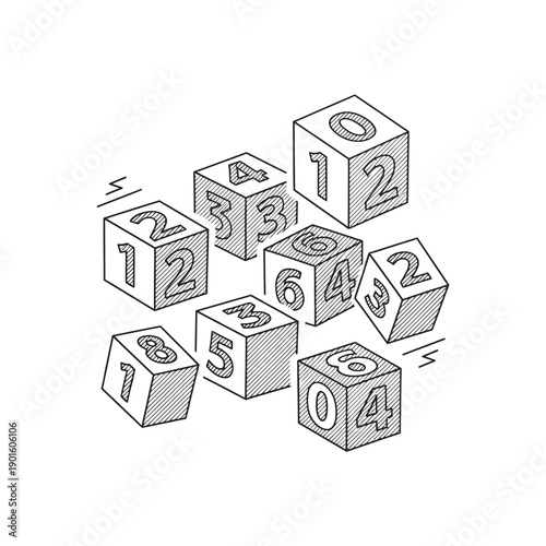 Numbered Dice Cubes in Various Positions.