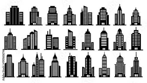 Collection of Diverse Skyscraper Building Silhouettes for Urban Design.