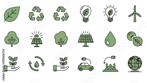 Collection of eco-friendly and green energy icons for sustainability.
