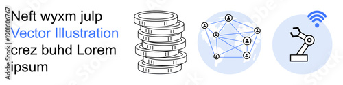 Financial technology, blockchain, digital transactions, automation, connectivity, industry innovation. Stack of coins, network diagram robotic arm with wireless signal icon. Financial technology