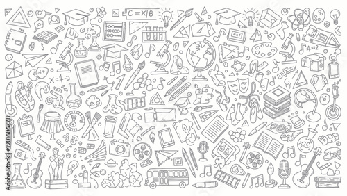 Collection of education and creativity related doodles and icons.
