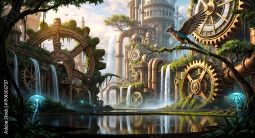 Majestic Steampunk Jungle City Overgrown with Gears and Waterfalls