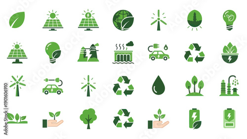 Collection of Green Energy and Eco-Friendly Icons Representing Sustainability.