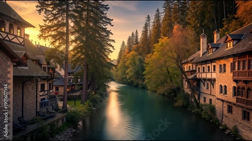 Picturesque riverside village scene during a golden sunset with tall trees