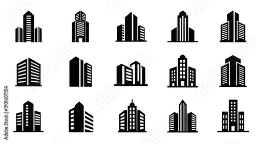Collection of modern building icons representing architecture and cityscapes.