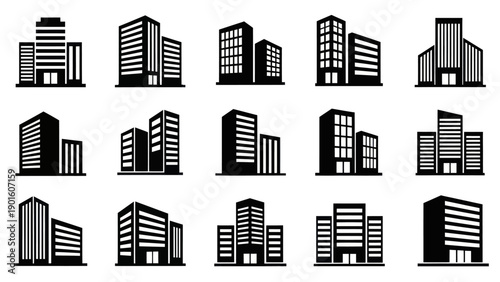 Collection of Modern City Buildings and Office Structures Silhouettes.