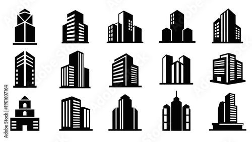 Collection of Modern City Skyscrapers and Office Buildings Silhouettes.