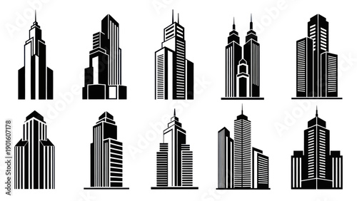 Collection of Modern City Skyscrapers and Urban Architecture Silhouettes.