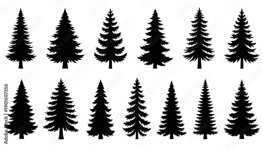 Obraz premium Collection of various evergreen tree silhouettes for winter and holiday designs.