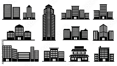 Collection of various black and white building silhouettes representing urban architecture and cityscapes.