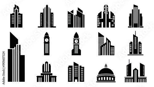 Collection of various black silhouette building icons and landmarks.