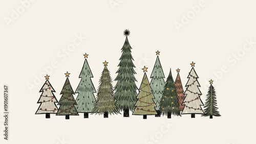 Collection of various Christmas trees with star toppers.