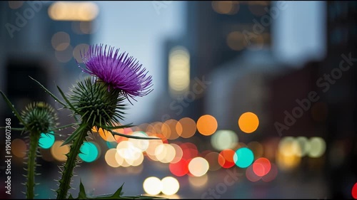 Purple thistle flower with blurred city lights background