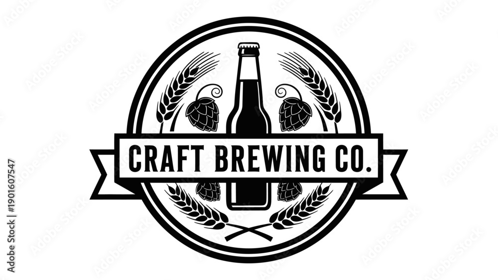 Obraz premium Craft Brewing Co. Logo with Beer Bottle Hops and Wheat.