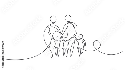 Continuous line drawing of a happy family with two parents and three children.