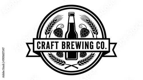 Craft Brewing Co. Logo with Beer Bottle Hops and Wheat.