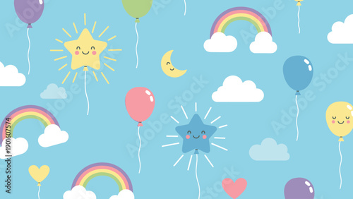 Cute and colorful balloons, stars, and rainbows floating in the sky.