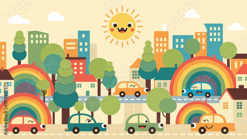 Cute cartoon cars driving through a colorful city with rainbows and sun.